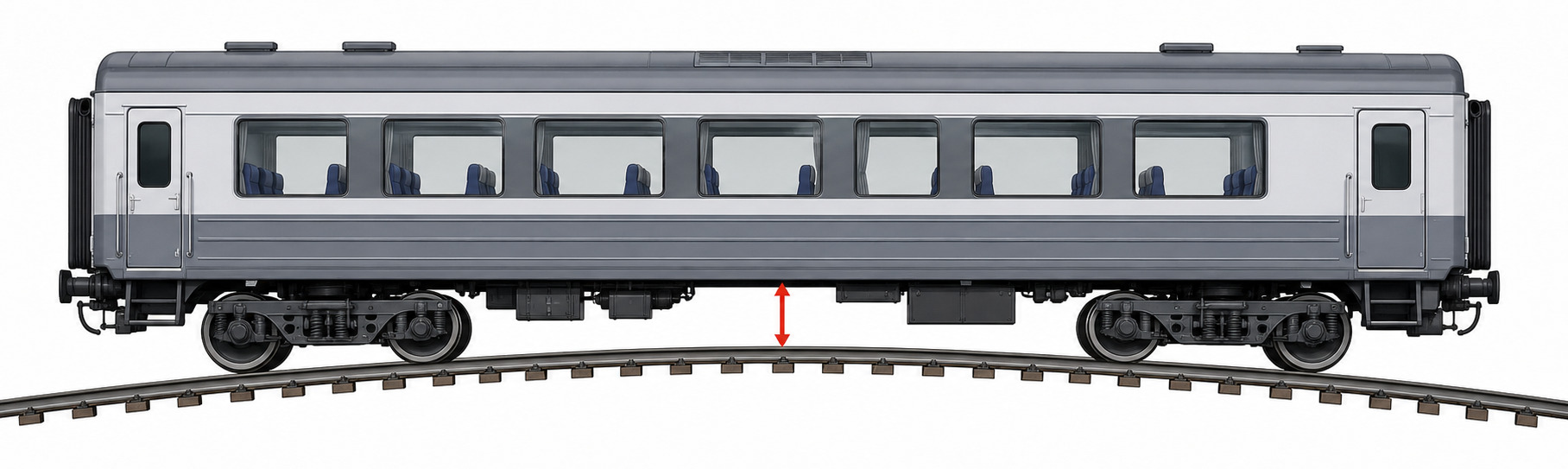 Lower-clearance allowance in vertical curves: sag end check and hump centre check. The red arrows show the checked gap from local track level to the lower vehicle envelope.