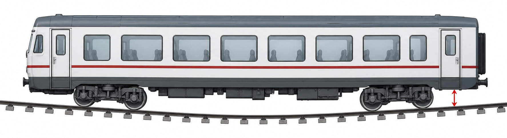 Lower-clearance allowance in vertical curves: sag end check and hump centre check. The red arrows show the checked gap from local track level to the lower vehicle envelope.